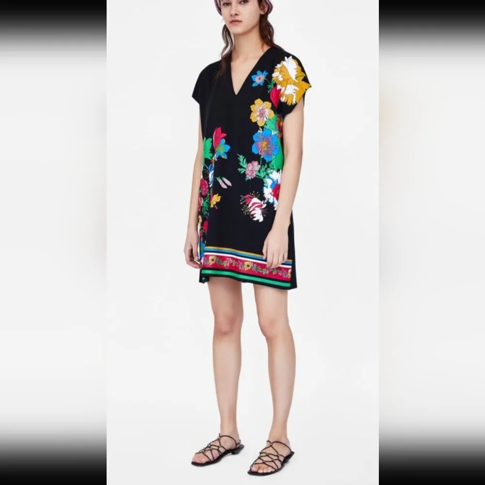 Zara Bold Floral Printed Tunic Dress Boho Cap Sleeves - Picture 10 of 14
